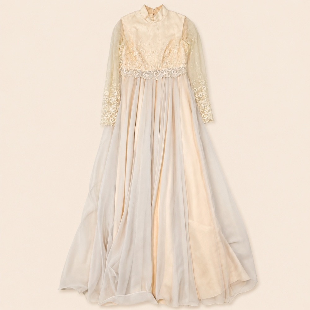 Vintage Miss Elliette California Lace Chiffon Maxi Dress Cream Peach Sz 6 Bridal